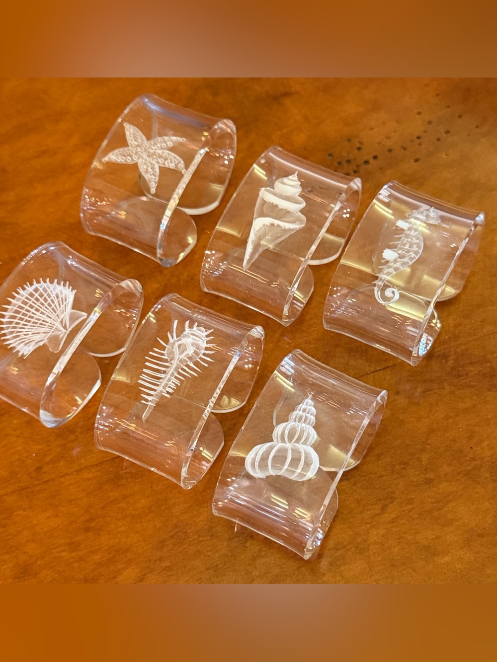 Vintage Clear Lucite Seashell Napkin Rings Set of 6